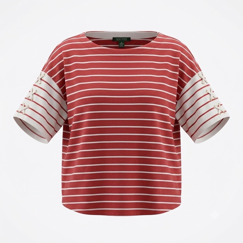 Lauren Ralph Lauren Red Striped Lace Up Sleeve Top 3X Nautical Coastal Fisherman